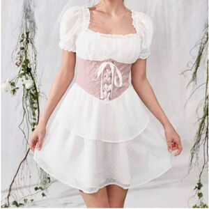 Corset style milkmaid white Swiss Dot Lace Kawaii MOD square neck Up Dress XS